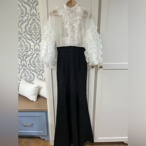 Mac Duggal Black and White Ruffle Sleeve Full Length Gown